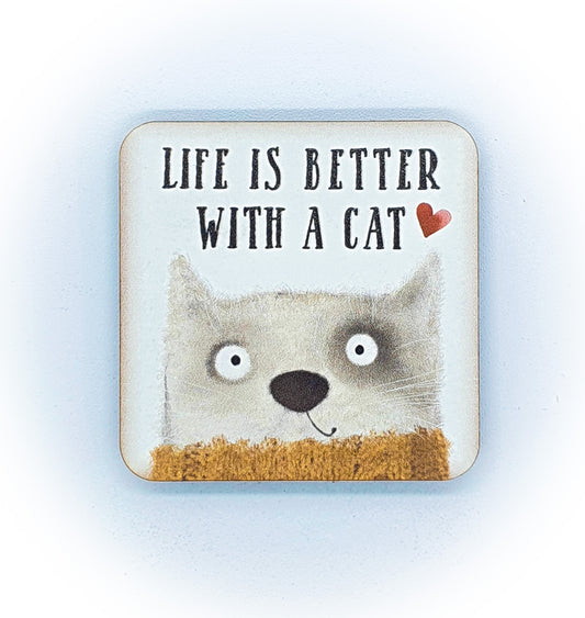 Calamita Baffi&Graffi® in legno pressato Creamy Cat "life is better with a cat" cuore